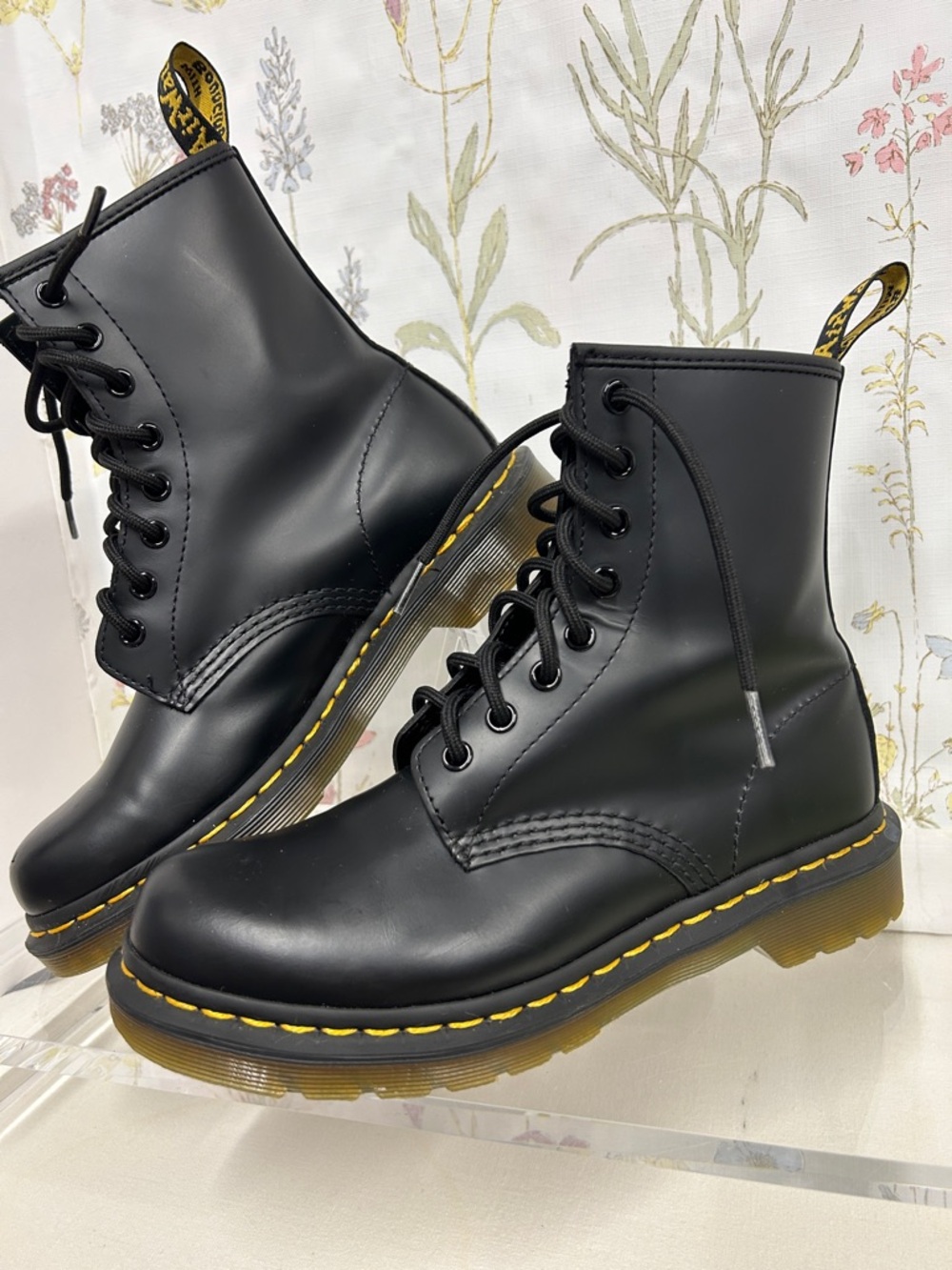 Dr. Martens Black Leather Lace-Up Boots with Yellow Stitching